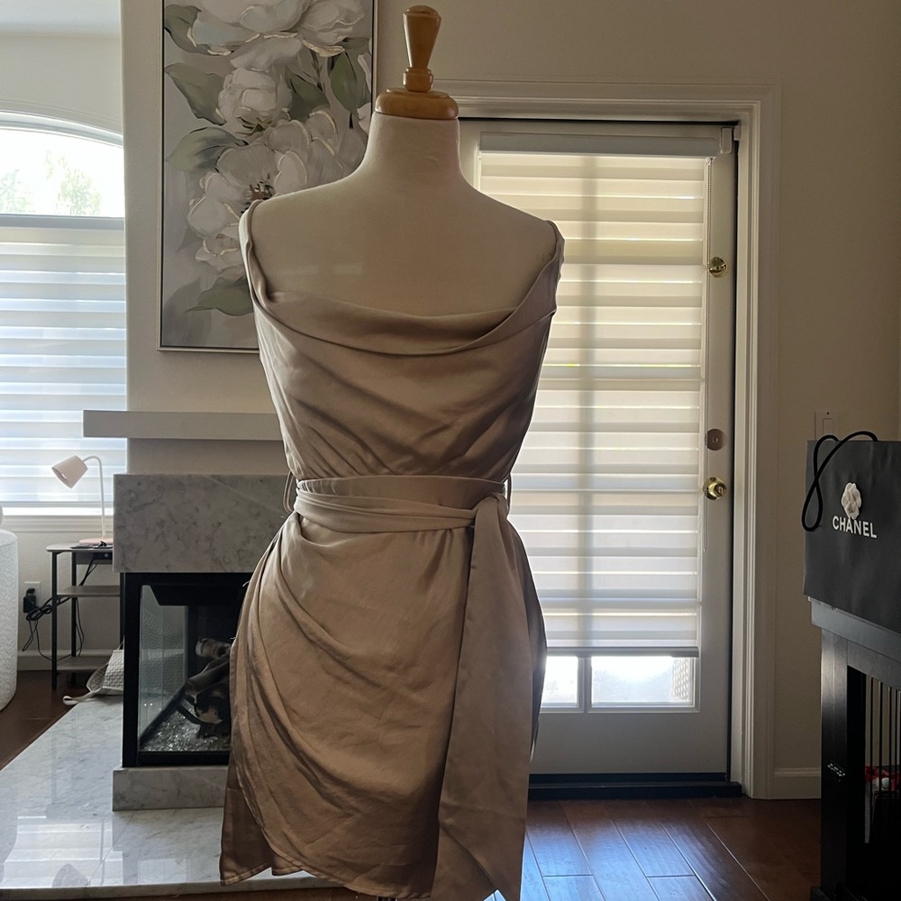 Elegant Satin Cowl Neck Dress in Champagne